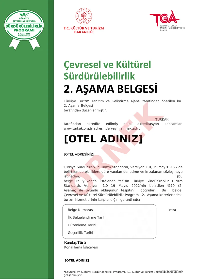 Çevresel ve Kültürel Sürdürülebilirlik Programı 2. Aşama Belgesi örneği