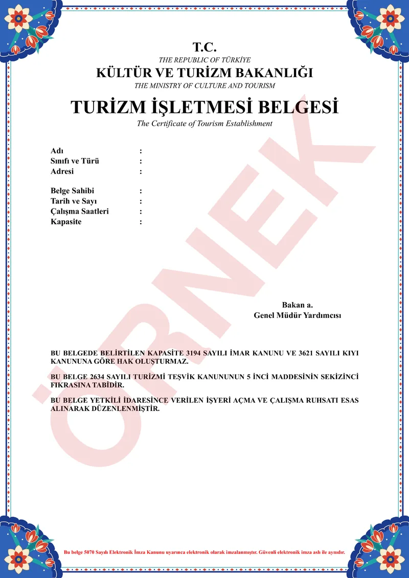 Kültür ve Turizm Bakanlığı Turizm İşletmesi Belgesi örneği